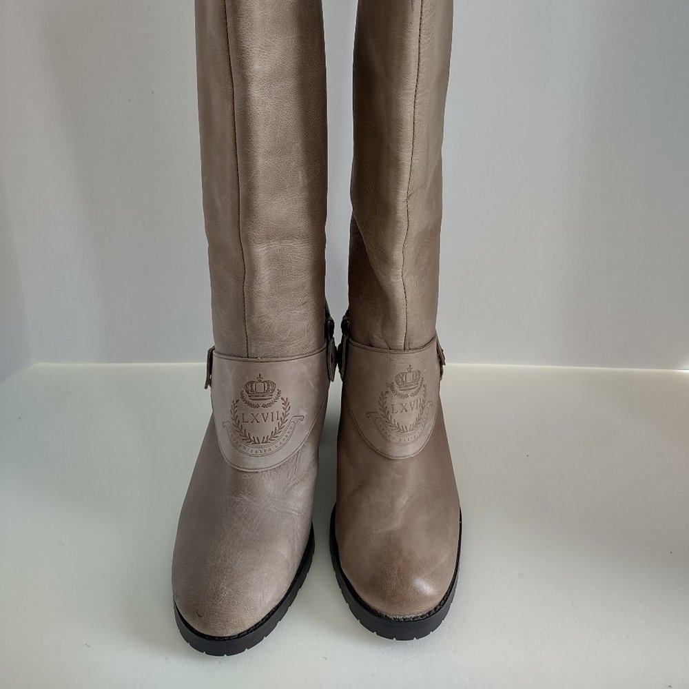 Lauren Ralph Lauren Delsa Burnished Taupe Tall Leather Knee High Boots 7B